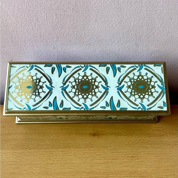 BATEEL JEWELRY VANITY LUXURY DECORATIVE BOX GLASS&WOOD BLUE COLOR ACCENT DESIGN